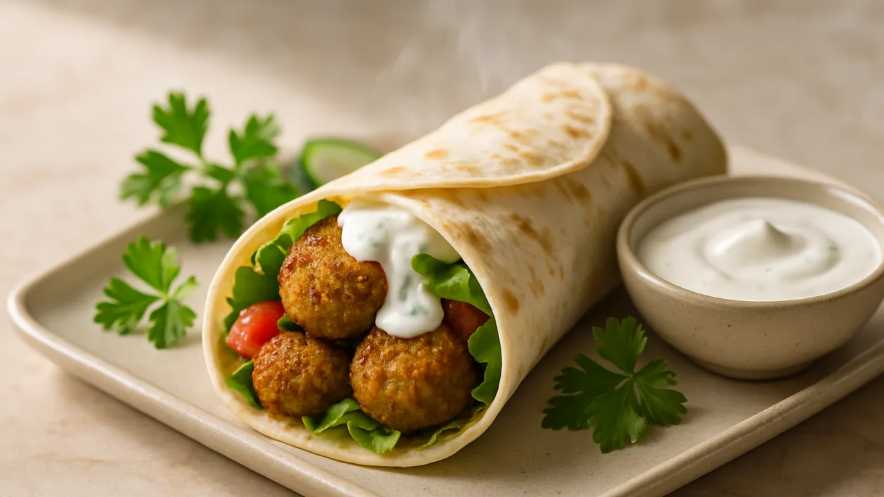 Falafel-Wrap mit Joghurtsauce aus dem Airfryer mit Falafel (tiefgekühlt oder vorgegart) und Tortilla-Wraps, auf beigem …