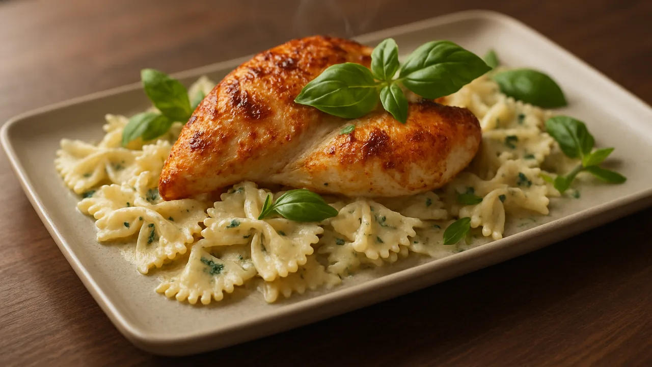Farfalle mit Hähnchen und Basilikum-Sahne aus dem Airfryer mit Hähnchenbrust und Farfalle, auf dunklem Walnussholz …