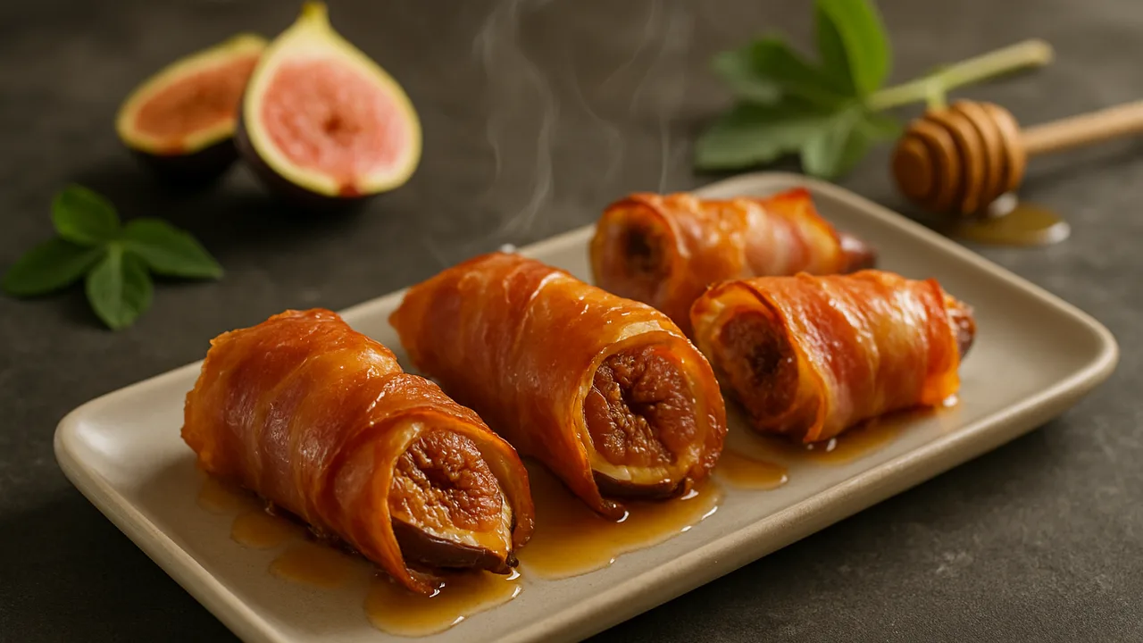 Feigen-Schinken-Röllchen aus dem Airfryer mit Frische Feigen und Parmaschinken (Scheiben), auf dunklem Schiefer angerichtet.