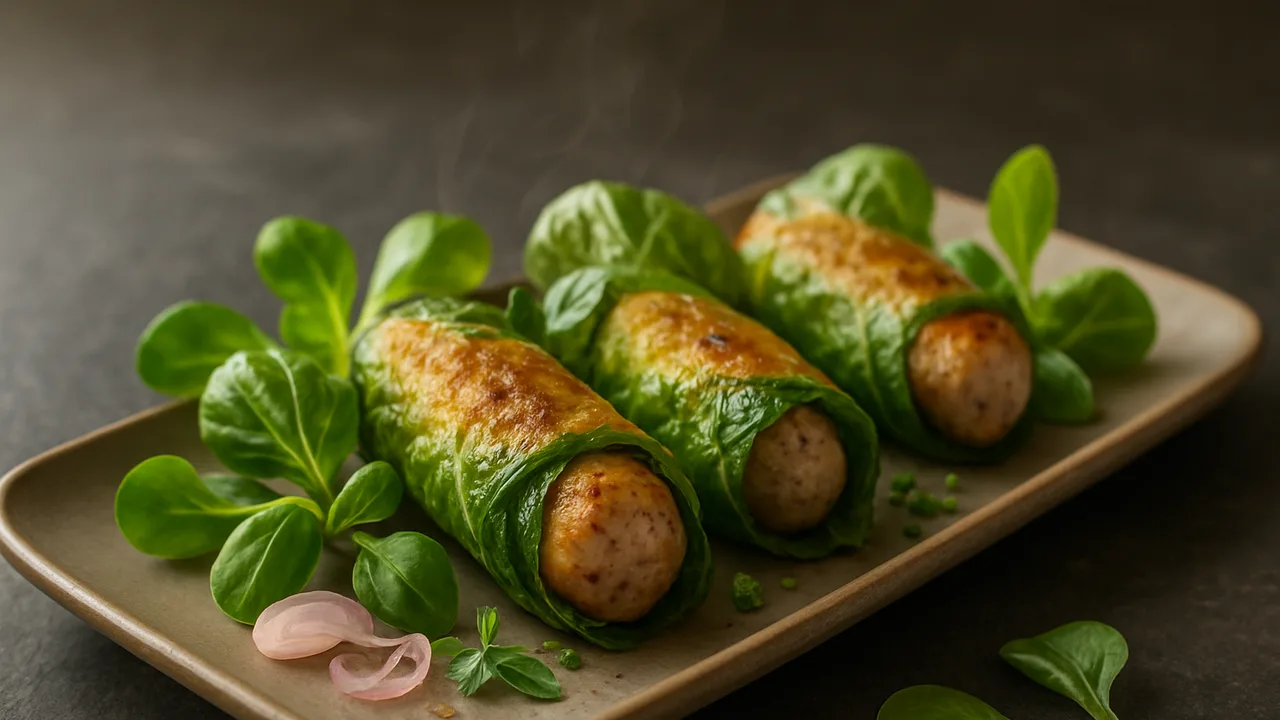 Feldsalat gefüllt mit Bratwurst und Kräutern aus dem Airfryer mit Bratwurst und Feldsalat, auf dunklem Schiefer angerichtet.