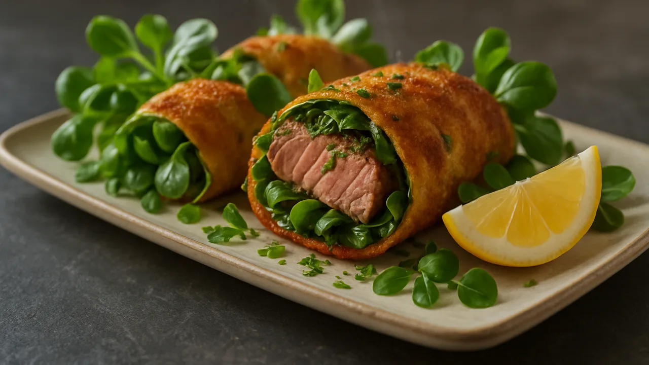 Feldsalat gefüllt mit Rumpsteak und Kräutern aus dem Airfryer mit Rumpsteak und Feldsalat, auf dunklem Schiefer angerichtet.