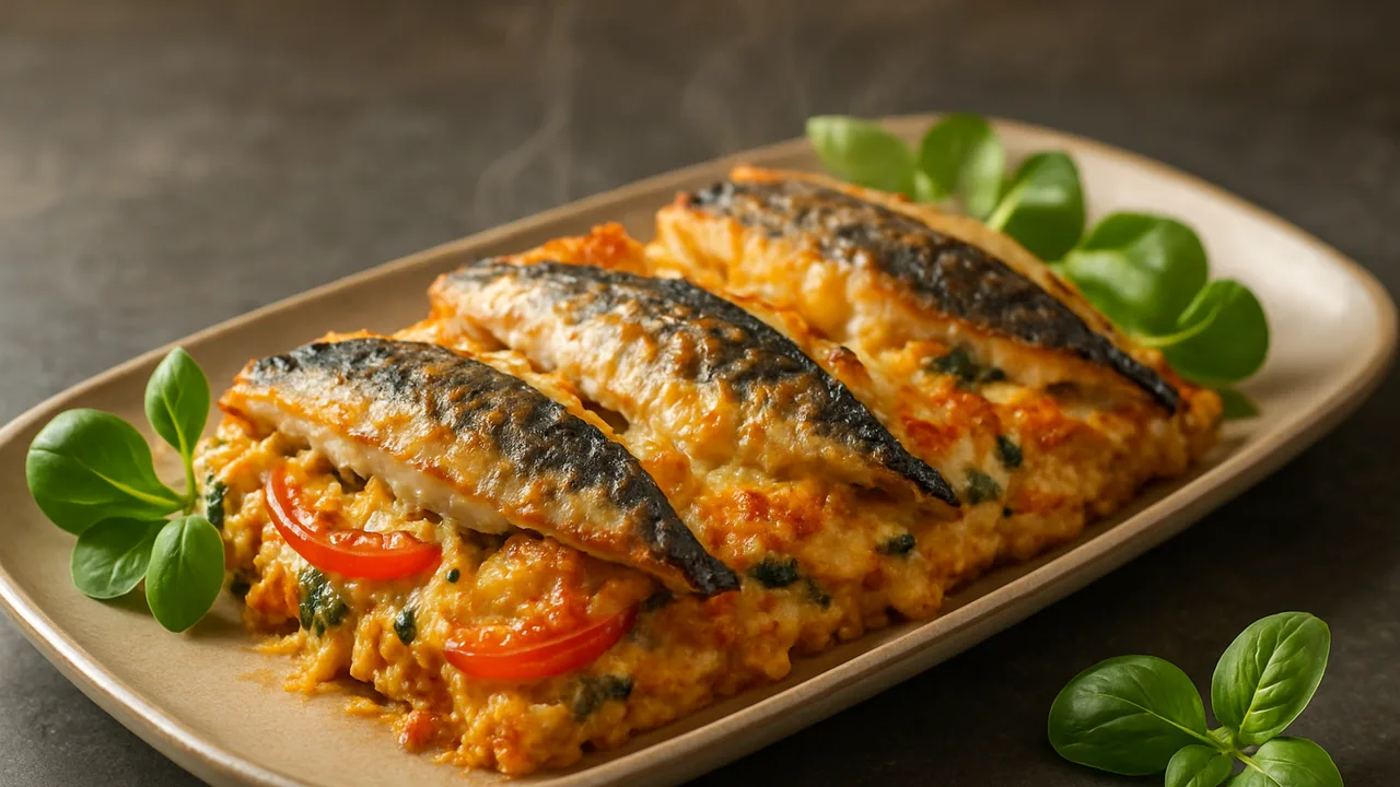 Feldsalat-Makrele-Auflauf aus dem Airfryer mit Makrelenfilets und Tomaten, auf dunklem Schiefer angerichtet.