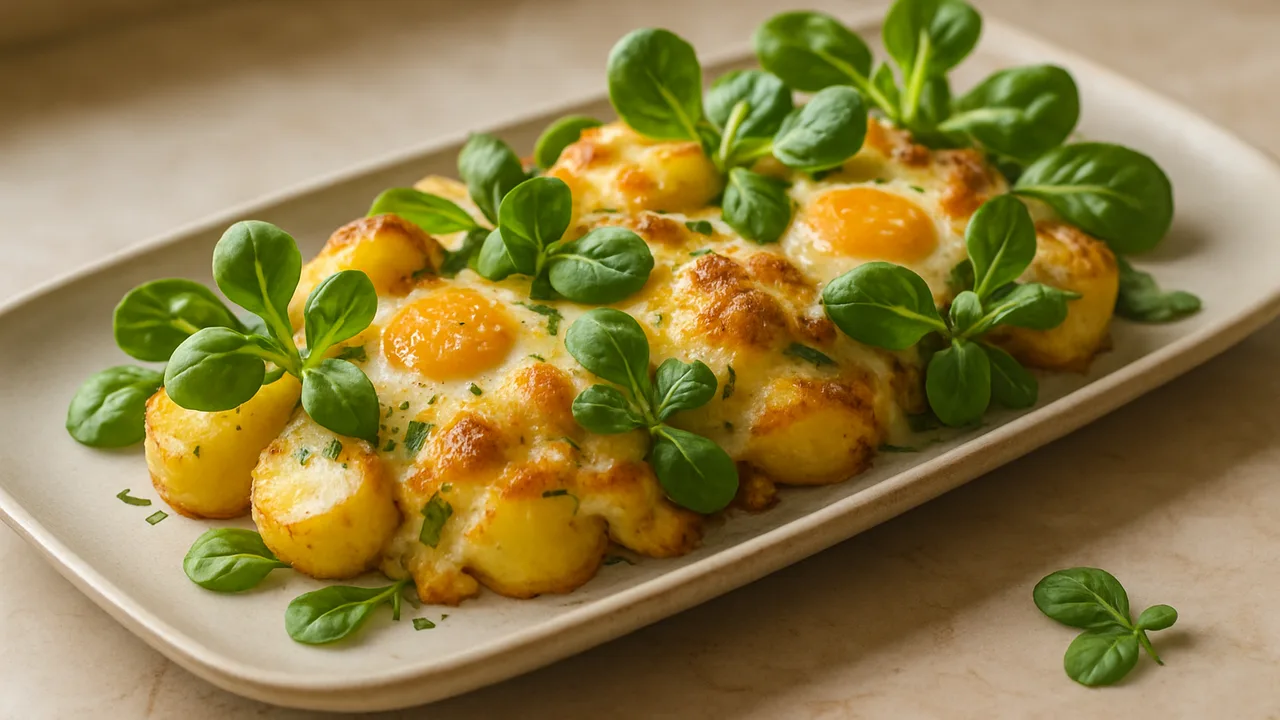 Feldsalat-Schmand-Auflauf aus dem Airfryer mit Kartoffeln und Schmand, auf beigem Marmor angerichtet.