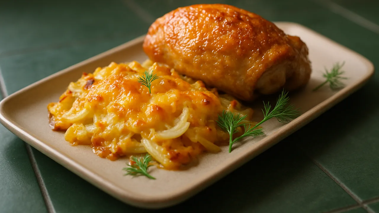 Fenchel-Cheddar-Auflauf aus dem Airfryer mit Hähnchenschenkel und Fenchel, auf dunkelgrünen Fliesen angerichtet.