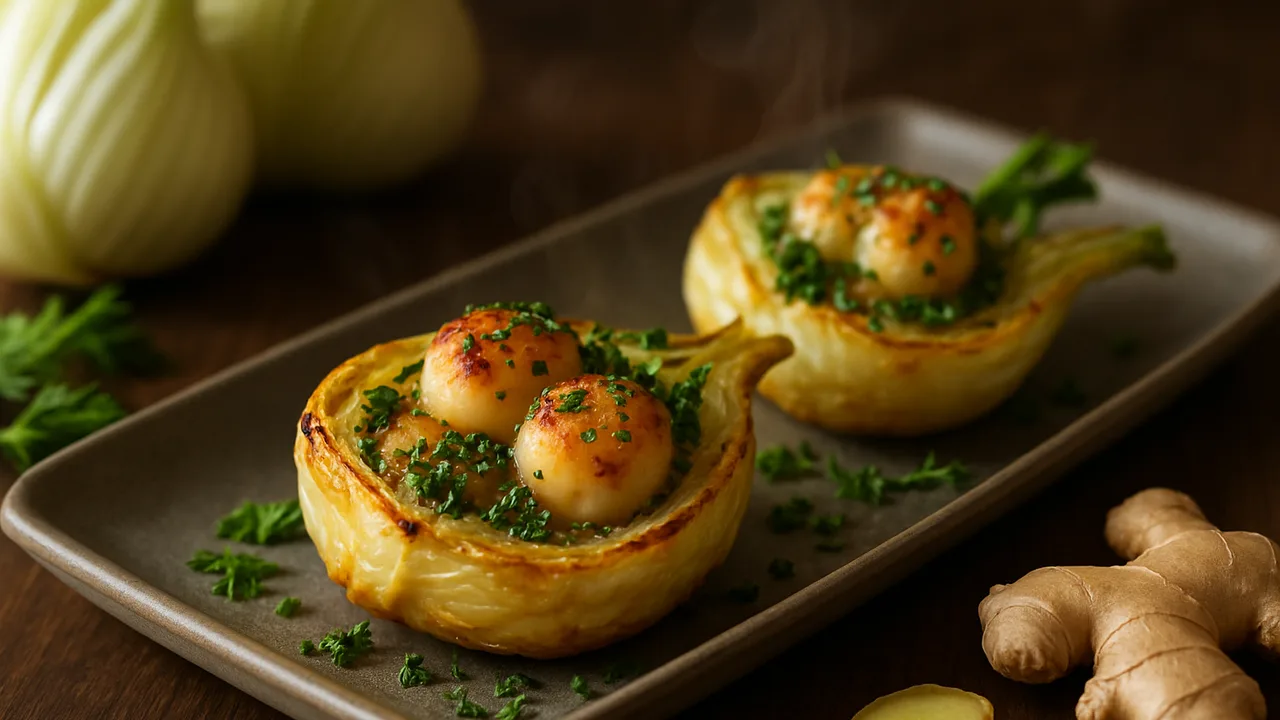 Fenchel gefüllt mit Jakobsmuscheln und Kräutern aus dem Airfryer mit Fenchelknollen und Jakobsmuscheln, auf dunklem …