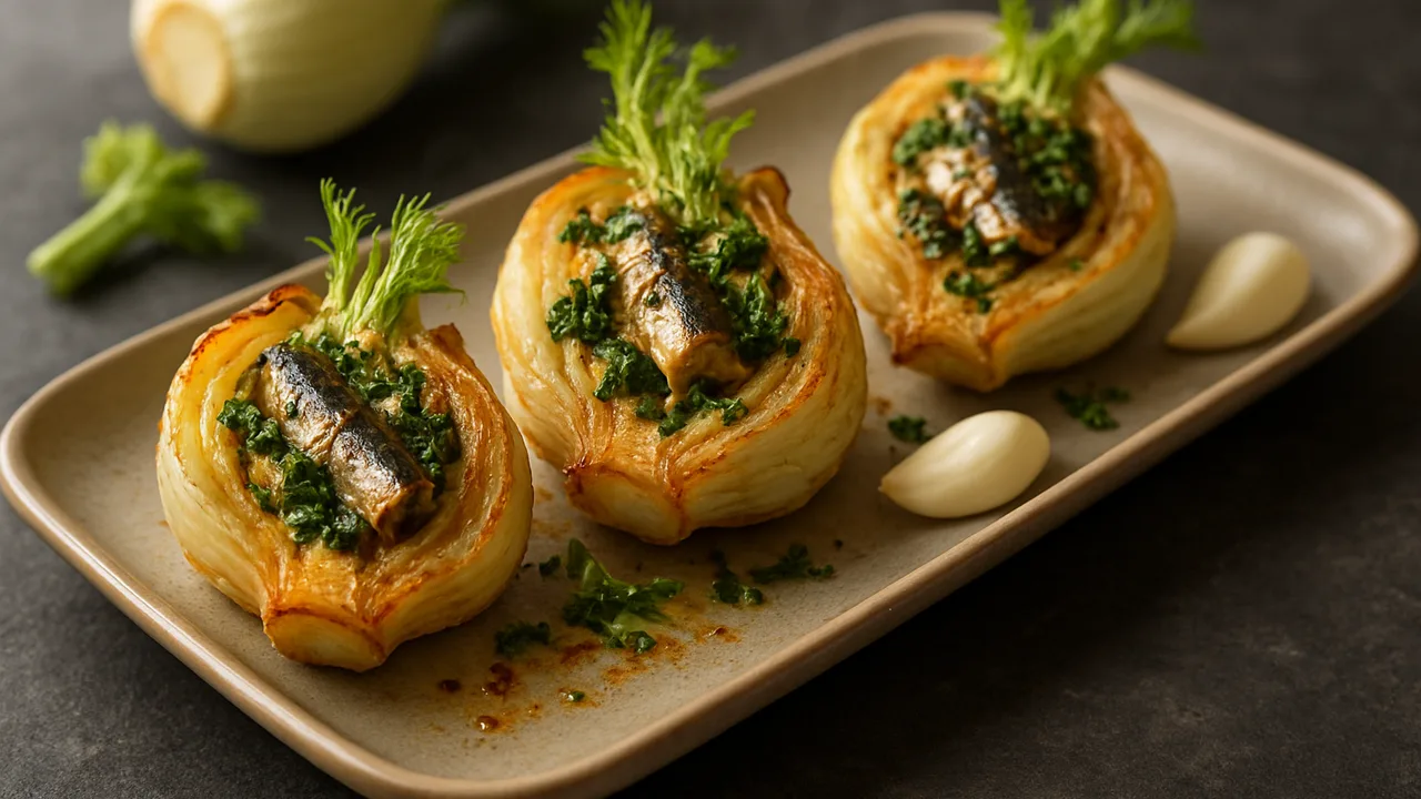 Fenchel gefüllt mit Sardinen und Kräutern aus dem Airfryer mit Fenchelknollen und Sardinen aus der Dose, abgetropft, auf …