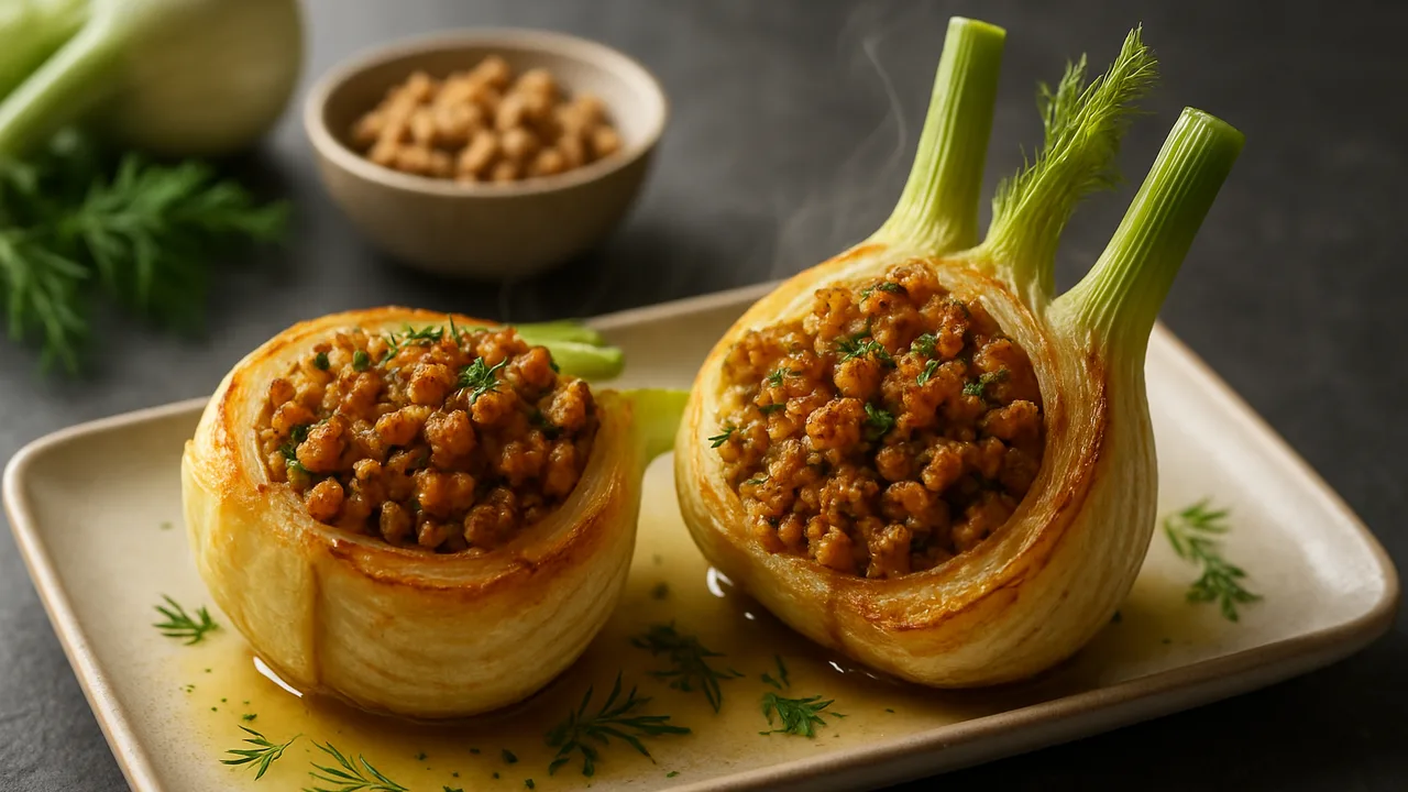 Fenchel gefüllt mit Sojaschnetzel und Kräutern aus dem Airfryer mit Fenchelknollen und Sojaschnetzel, auf dunklem Schiefer …