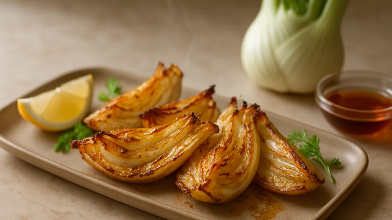 Fenchel im Airfryer – karamellisiert mit Fenchelknollen und Ahornsirup, auf beigem Marmor angerichtet.
