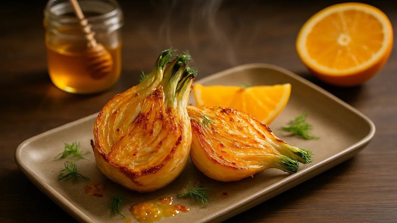 Fenchel mit Orange und Honig aus dem Airfryer mit Fenchelknollen und Orange, auf dunklem Walnussholz angerichtet.