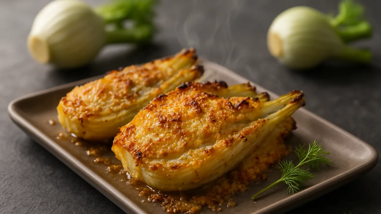 Fenchel mit Parmesan überbacken aus dem Airfryer mit Fenchelknollen und Parmesan, auf dunklem Schiefer angerichtet.