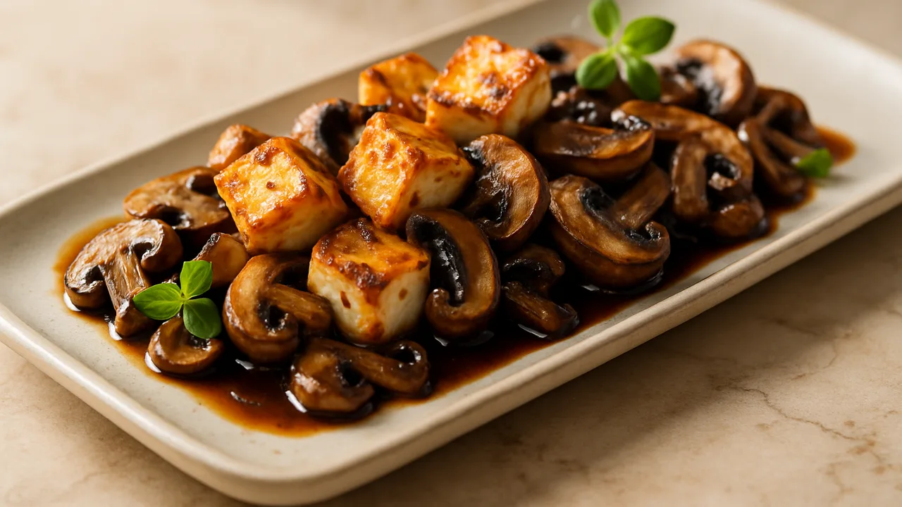 Feta-Champignons-Pfanne aus dem Airfryer mit Feta und Champignons, auf beigem Marmor angerichtet.