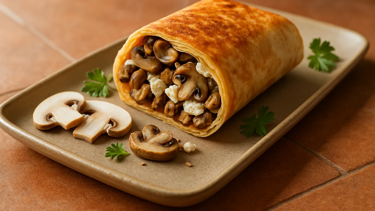 Feta-Champignons Wrap aus dem Airfryer mit Champignons und Feta, auf Terracotta-Fliesen angerichtet.