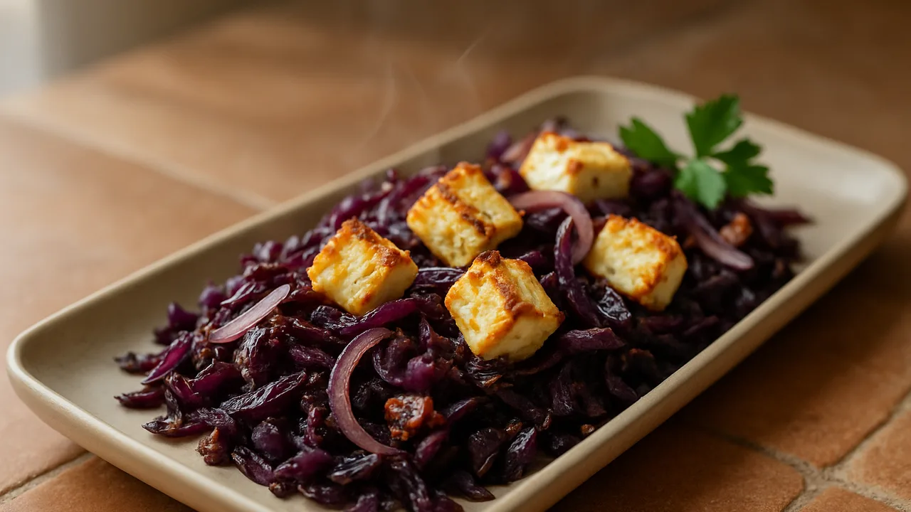 Feta-Rotkohl-Pfanne aus dem Airfryer mit Rotkohl und Feta, auf Terracotta-Fliesen angerichtet.