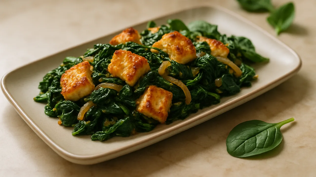 Feta-Spinat-Pfanne asiatisch aus dem Airfryer mit frischer Spinat und Feta, auf beigem Marmor angerichtet.