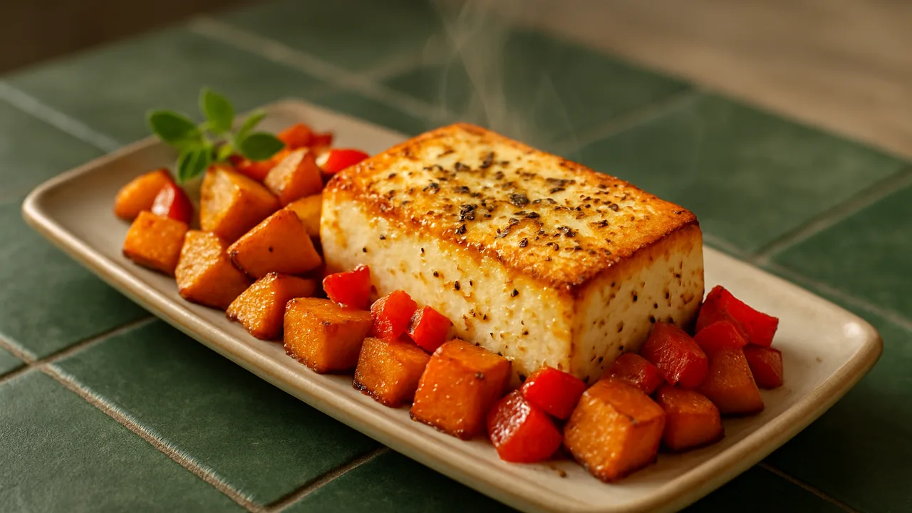 Klassisch deutsch Feta mit Süßkartoffel aus dem Airfryer mit Süßkartoffel und Feta, auf dunkelgrünen Fliesen angerichtet.