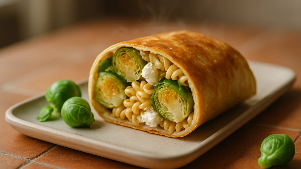 Feta Wrap mit Rosenkohl und Nudeln aus dem Airfryer mit Rosenkohl und Feta, auf Terracotta-Fliesen angerichtet.