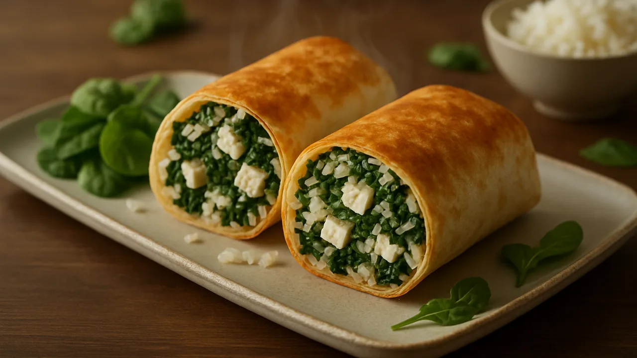 Feta Wrap mit Spinat und Reis aus dem Airfryer mit Spinat und Reis, auf dunklem Walnussholz angerichtet.