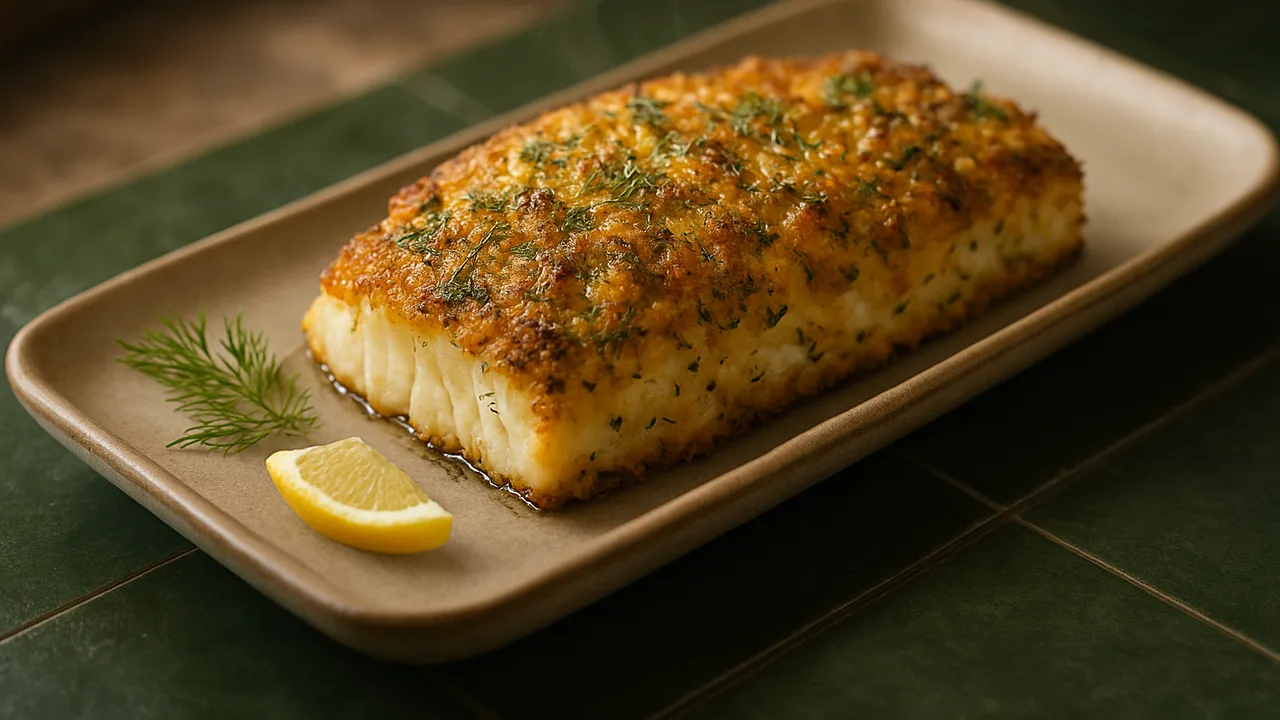 Fischfilet mit Senf-Dill-Kruste aus dem Airfryer mit Kabeljaufilet und Senf, auf dunkelgrünen Fliesen angerichtet.