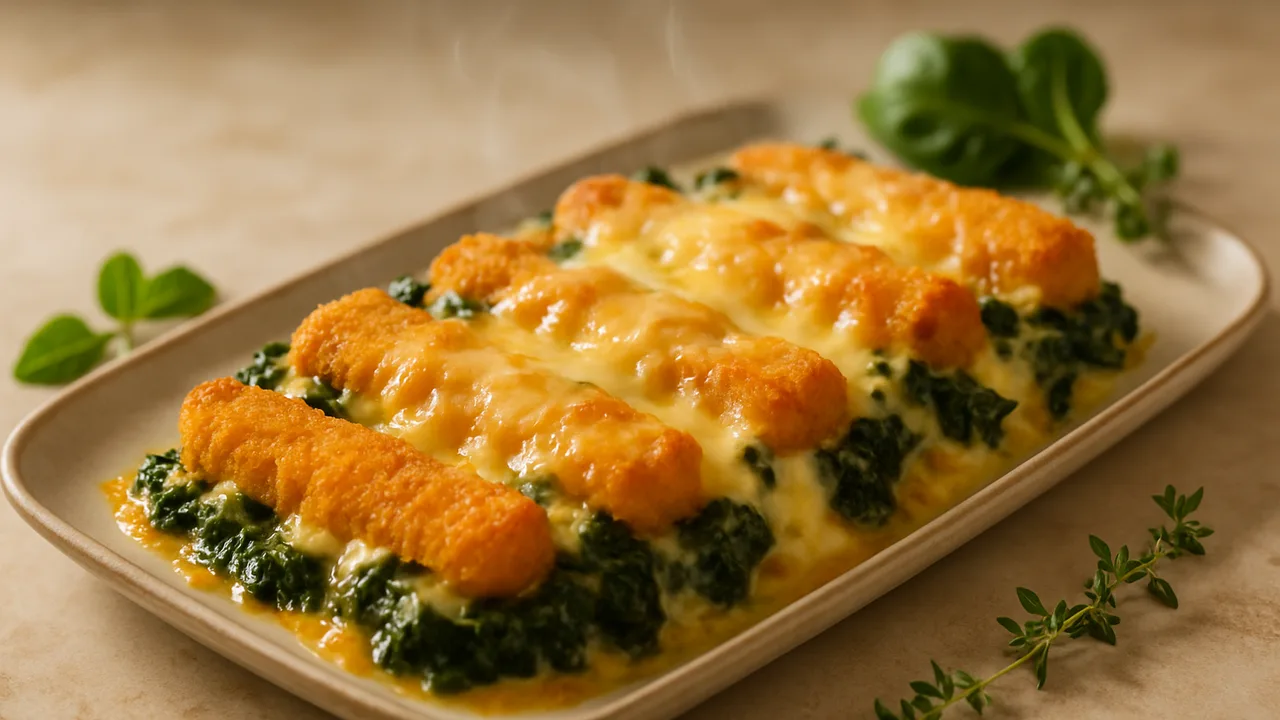 Fischstäbchen-Auflauf mit Spinat und Käse aus dem Airfryer mit Fischstäbchen und Blattspinat, auf beigem Marmor angerichtet.