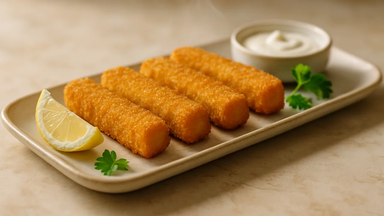 Fischstäbchen aus dem Airfryer – knusprig in 10 Minuten mit Fischstäbchen (TK), auf beigem Marmor angerichtet.