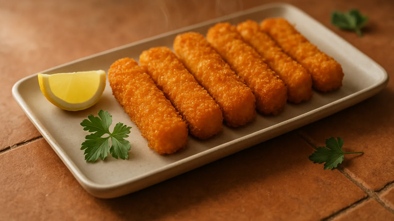 Fischstäbchen aus dem Airfryer – knusprig in 10 Minuten mit Fischstäbchen, auf Terracotta-Fliesen angerichtet.