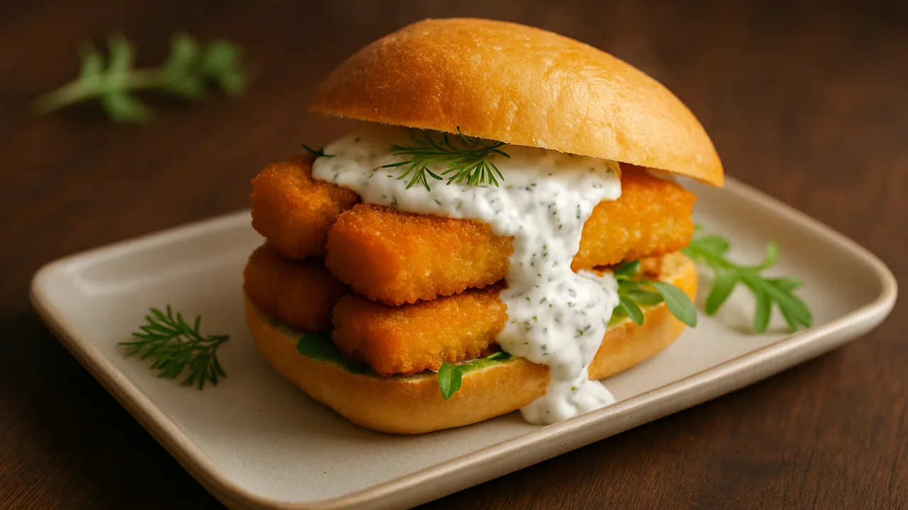 Fischstäbchen-Brötchen mit Joghurt-Dill-Sauce aus dem Airfryer mit Fischstäbchen und Brötchen, auf dunklem Walnussholz …