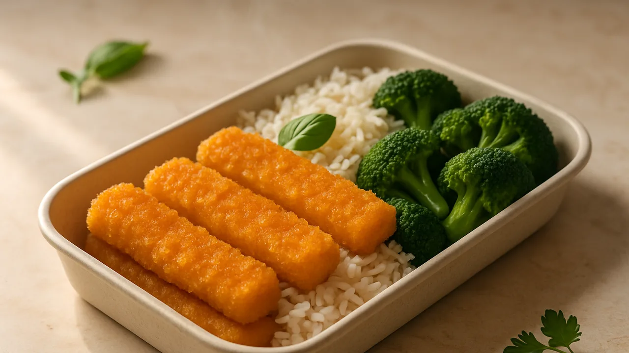 Fischstäbchen-Meal-Prep-Box mit Reis und Gemüse aus dem Airfryer mit Fischstäbchen und Reis (ungekocht), auf beigem Marmor …