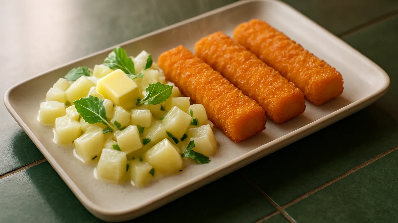 Fischstäbchen mit Kohlrabi-Gemüse aus dem Airfryer mit Fischstäbchen und Kohlrabi, auf dunkelgrünen Fliesen angerichtet.