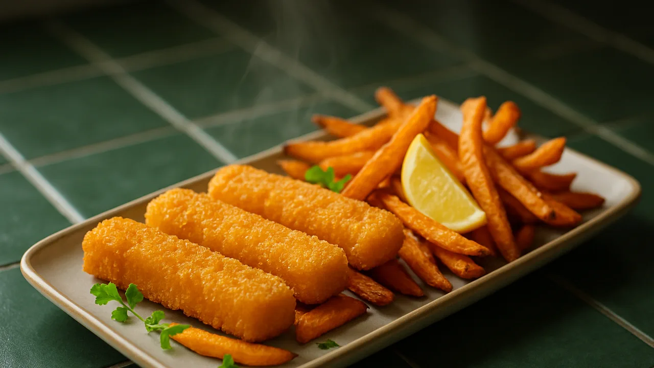 Fischstäbchen mit Süßkartoffel-Pommes aus dem Airfryer mit Fischstäbchen und Süßkartoffeln, auf dunkelgrünen Fliesen …