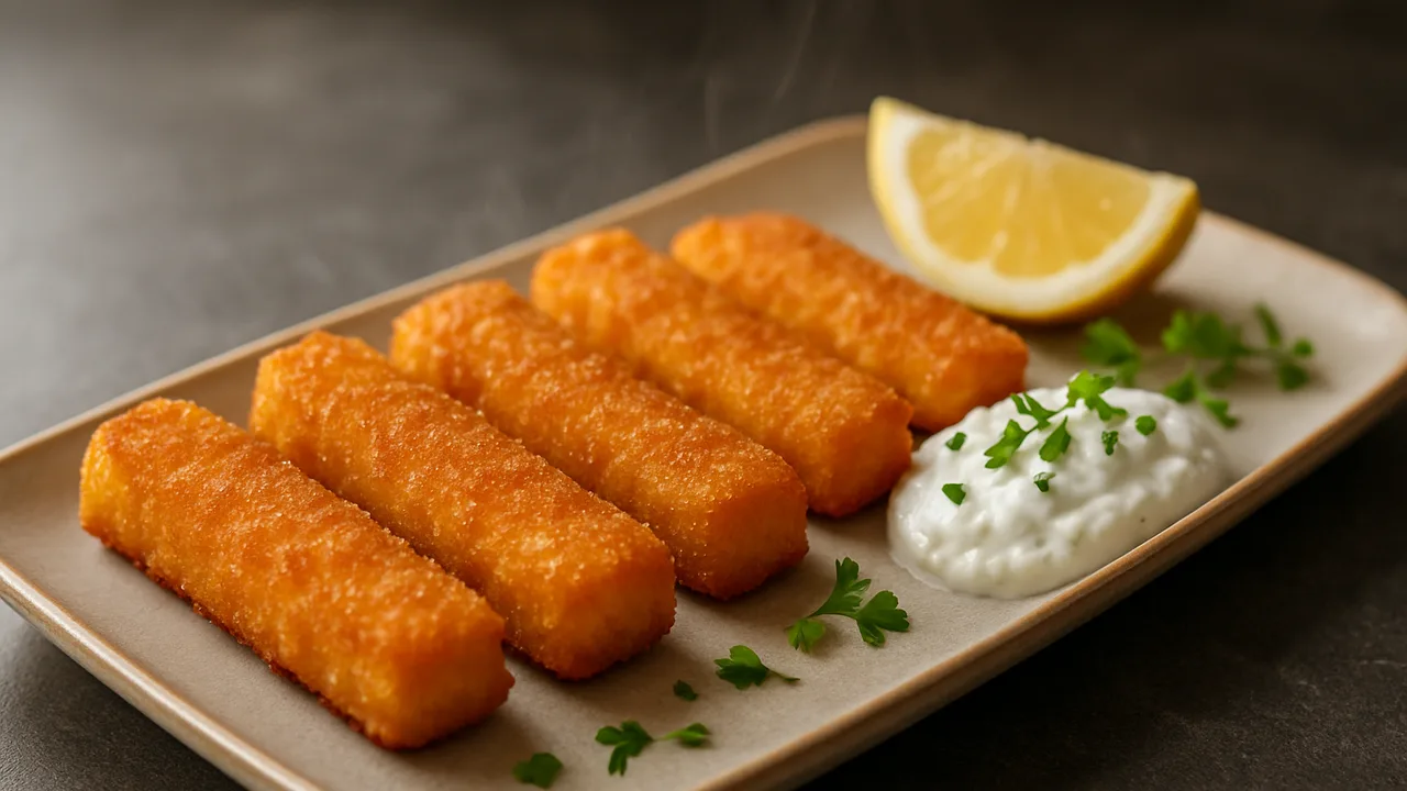 Fischstäbchen mit Zitronen-Knoblauch-Quark aus dem Airfryer mit Fischstäbchen und Magerquark, auf dunklem Schiefer …