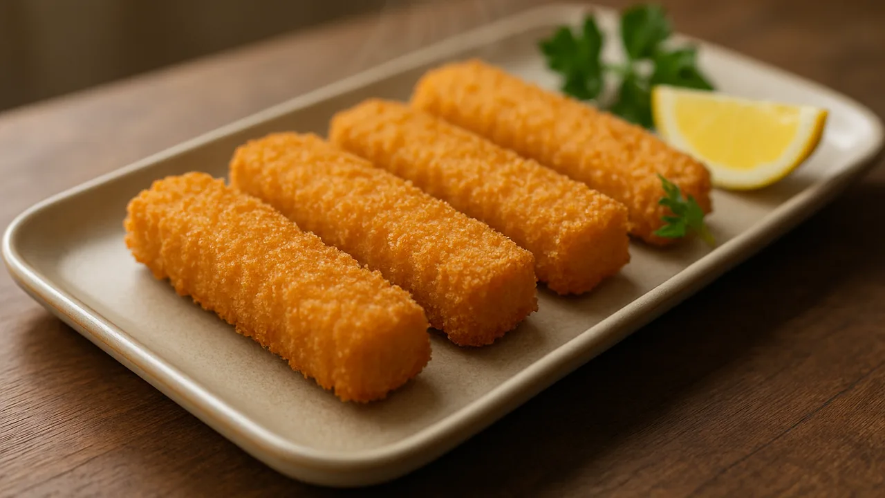 Fischstäbchen ohne Öl extra knusprig aus dem Airfryer mit Fischstäbchen, auf dunklem Walnussholz angerichtet.