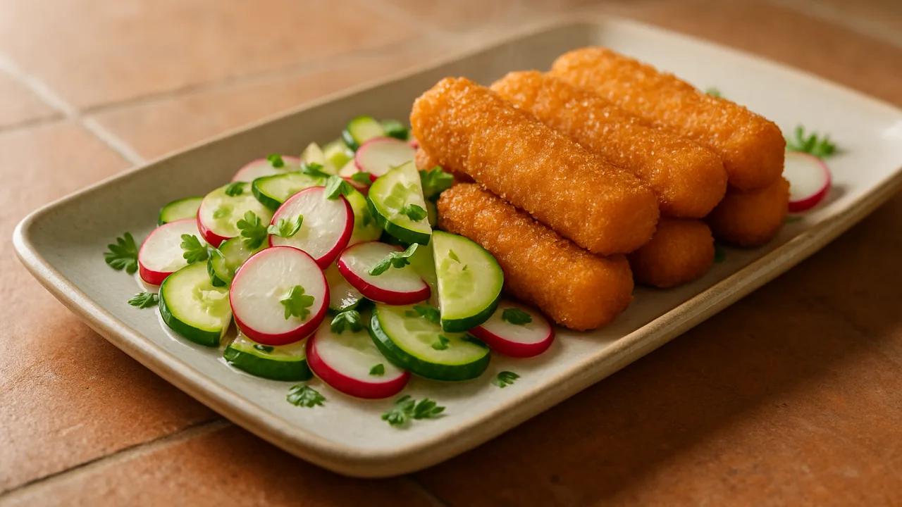 Fischstäbchen-Salat mit Gurke und Radieschen aus dem Airfryer mit Fischstäbchen und Gurke, auf Terracotta-Fliesen …