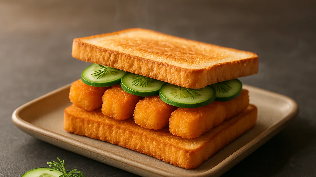 Fischstäbchen-Sandwich mit Gurke und Dill aus dem Airfryer mit Fischstäbchen und Toastbrot, auf dunklem Schiefer angerichtet.