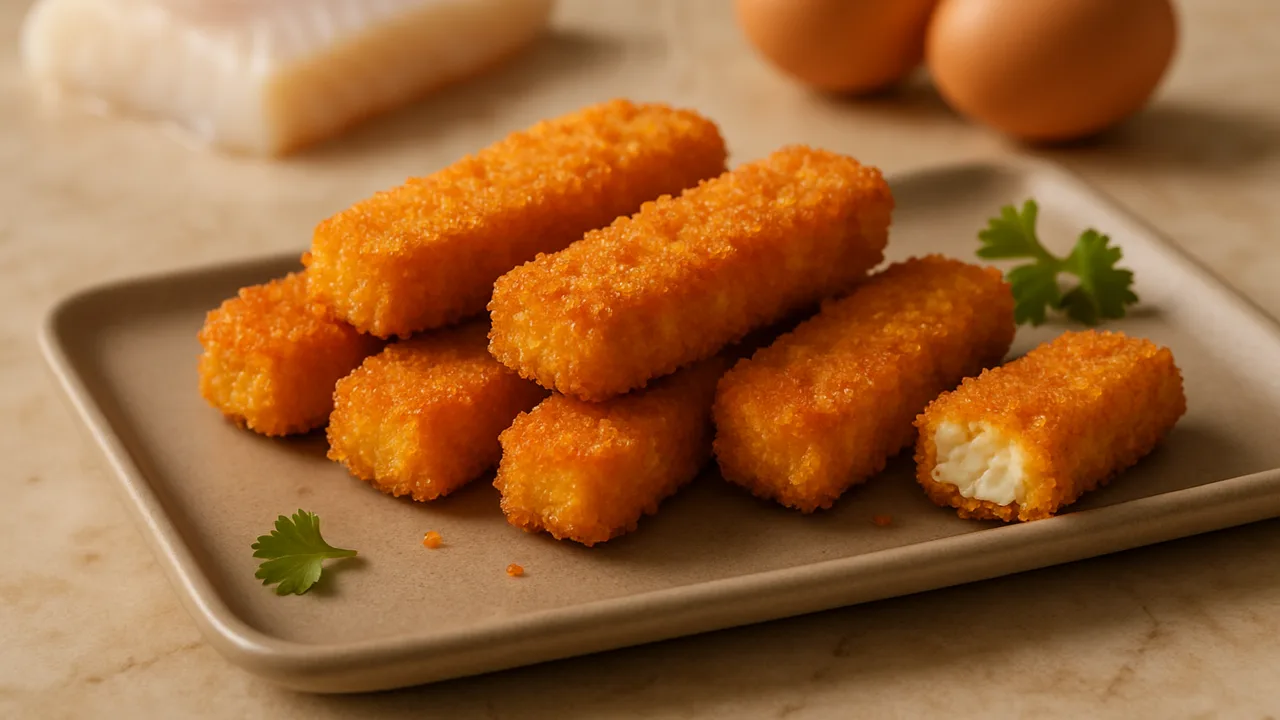 Fischstäbchen selber machen aus Kabeljau aus dem Airfryer mit Kabeljaufilet und Eier, auf beigem Marmor angerichtet.