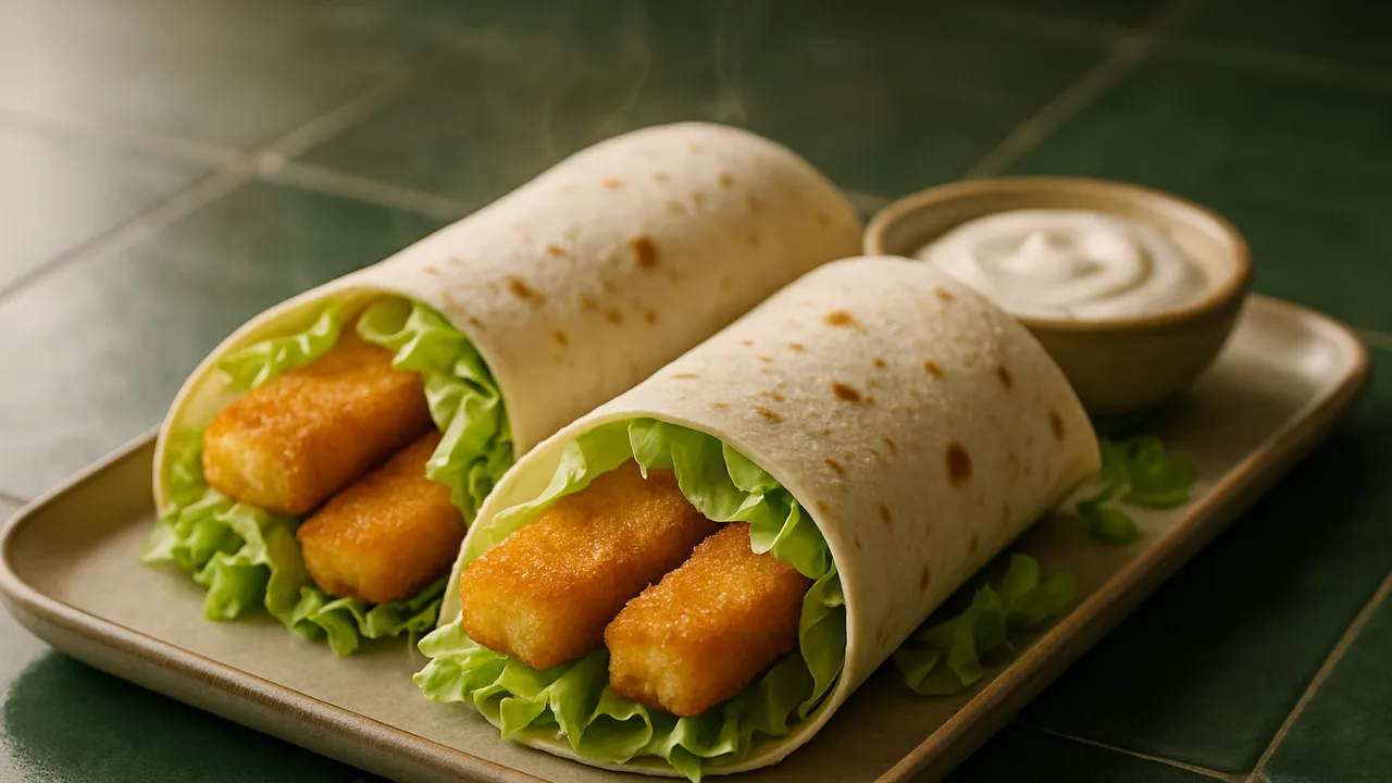 Fischstäbchen-Wraps mit Salat und Dip aus dem Airfryer mit Fischstäbchen und Tortilla-Wraps, auf dunkelgrünen Fliesen …