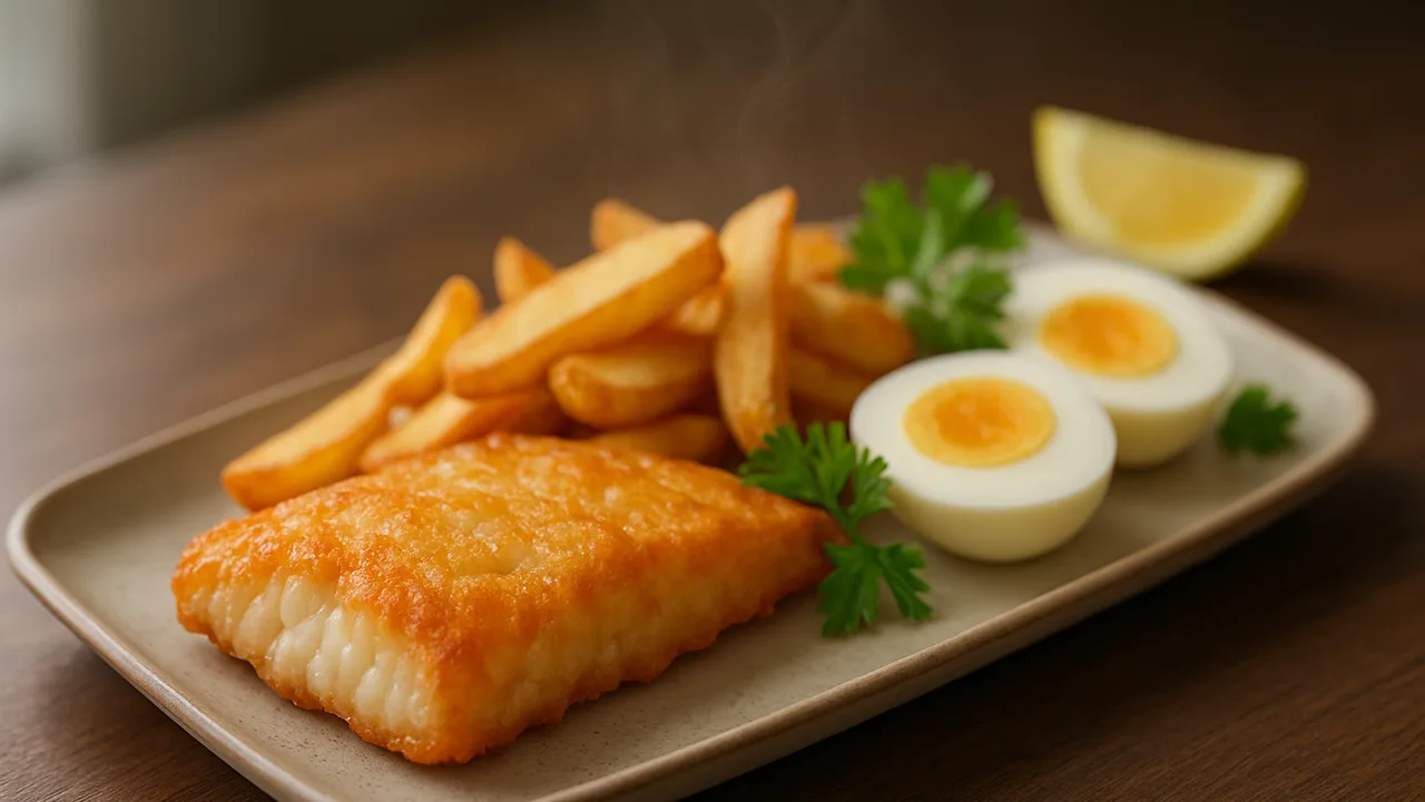 Fish and Chips aus dem Airfryer mit Kabeljaufilet und Kartoffeln, auf dunklem Walnussholz angerichtet.