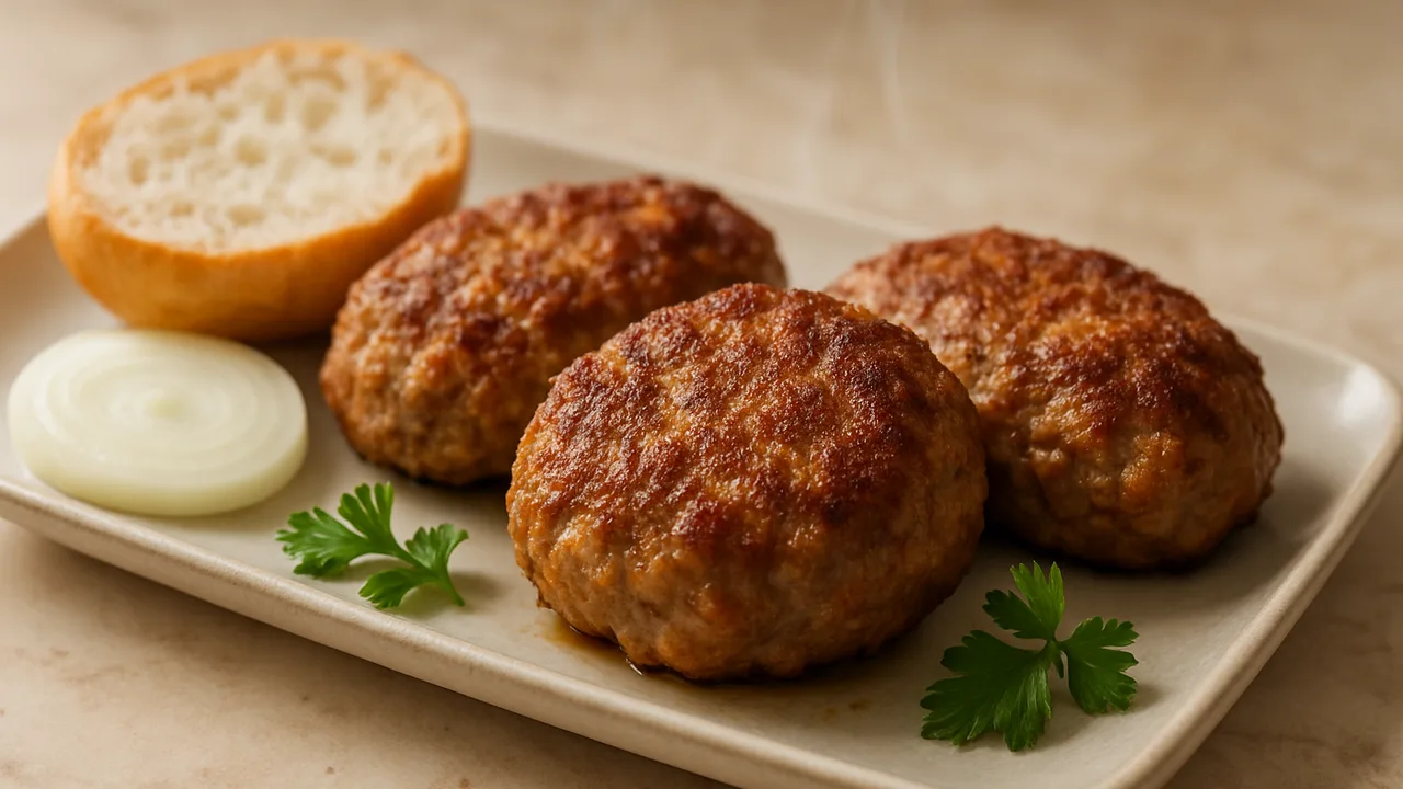 Fleischpflanzerl mit altem Brötchen aus dem Airfryer mit gemischtes Hackfleisch und altbackene Brötchen, auf beigem Marmor …