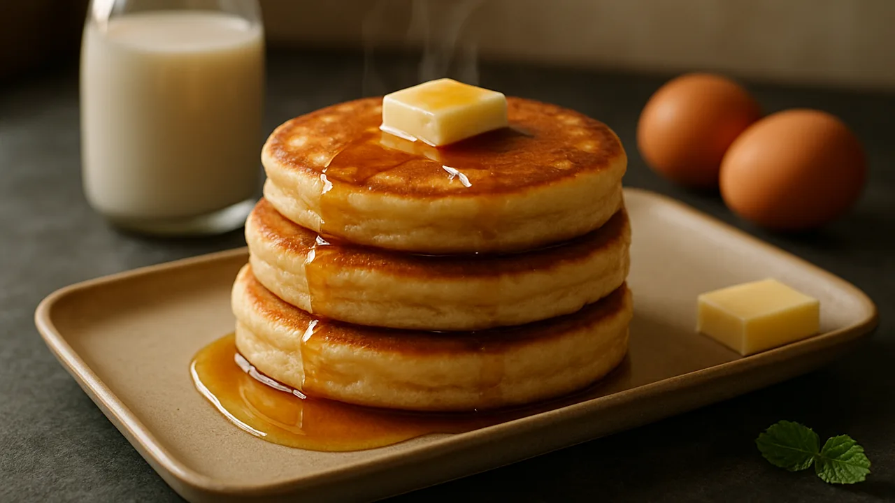 Fluffige Pancakes mit Ahornsirup aus dem Airfryer mit Milch und Eier, auf dunklem Schiefer angerichtet.