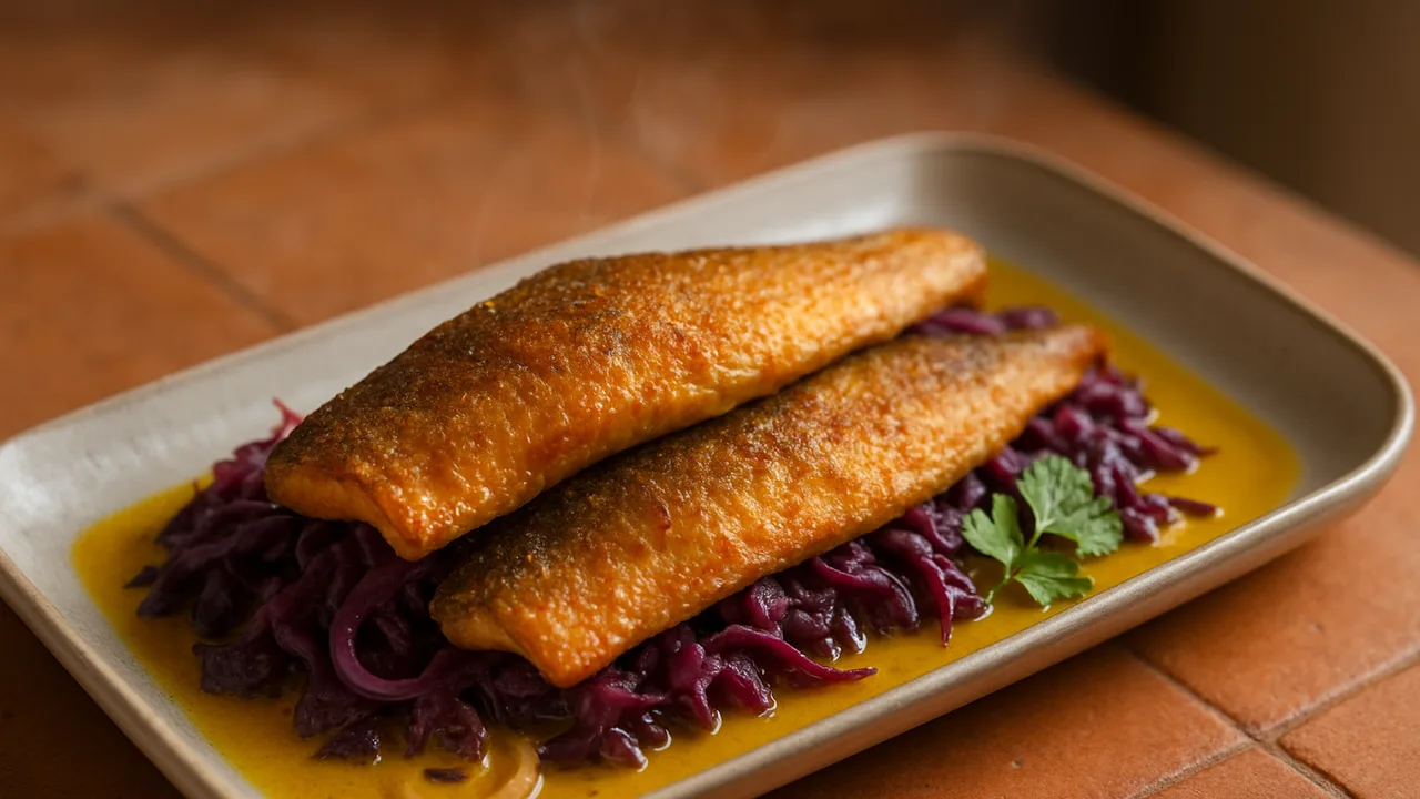 Forelle Curry mit Rotkohl aus dem Airfryer mit Forellenfilets und Rotkohl, auf Terracotta-Fliesen angerichtet.