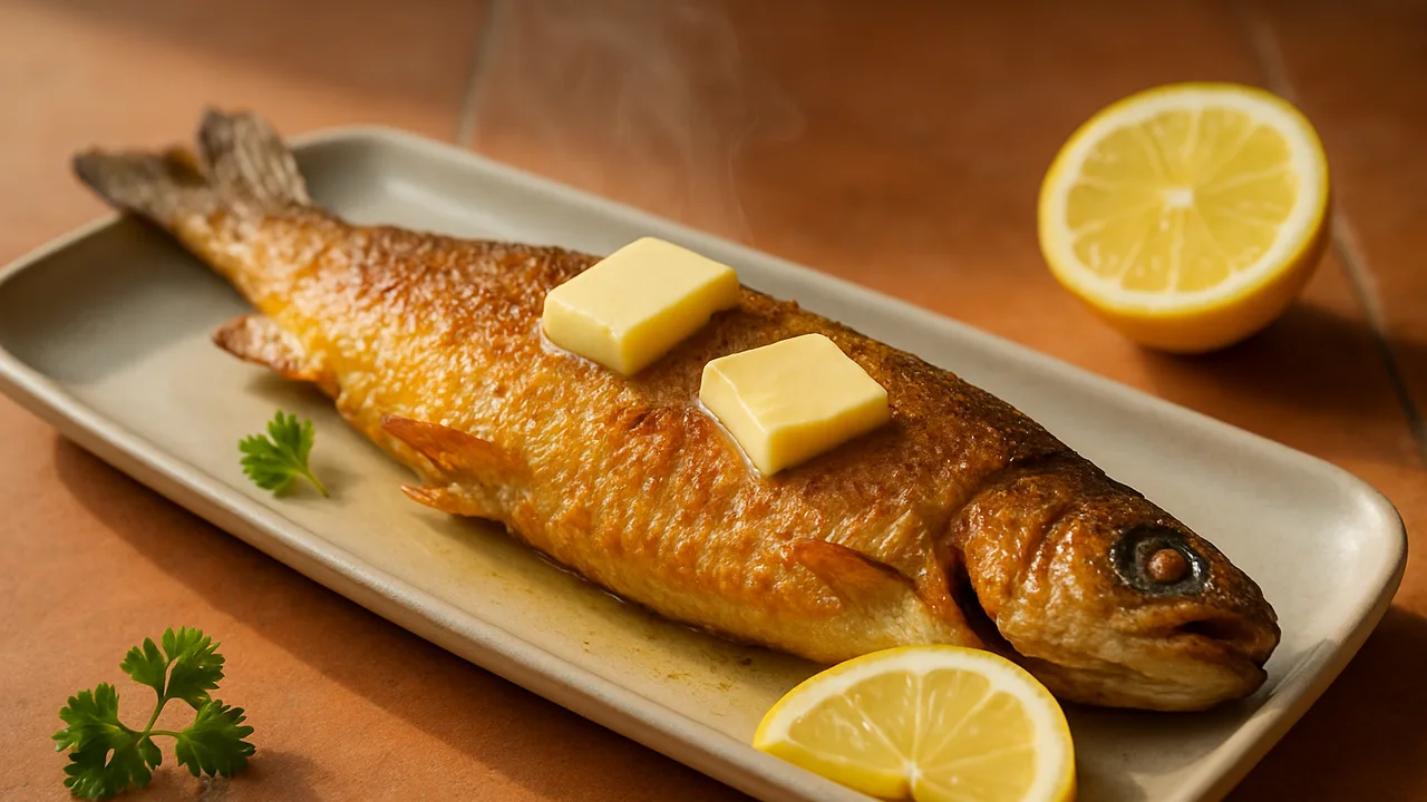 Forelle im Airfryer mit Butter und Zitrone mit Forellen, küchenfertig und Butter, auf Terracotta-Fliesen angerichtet.
