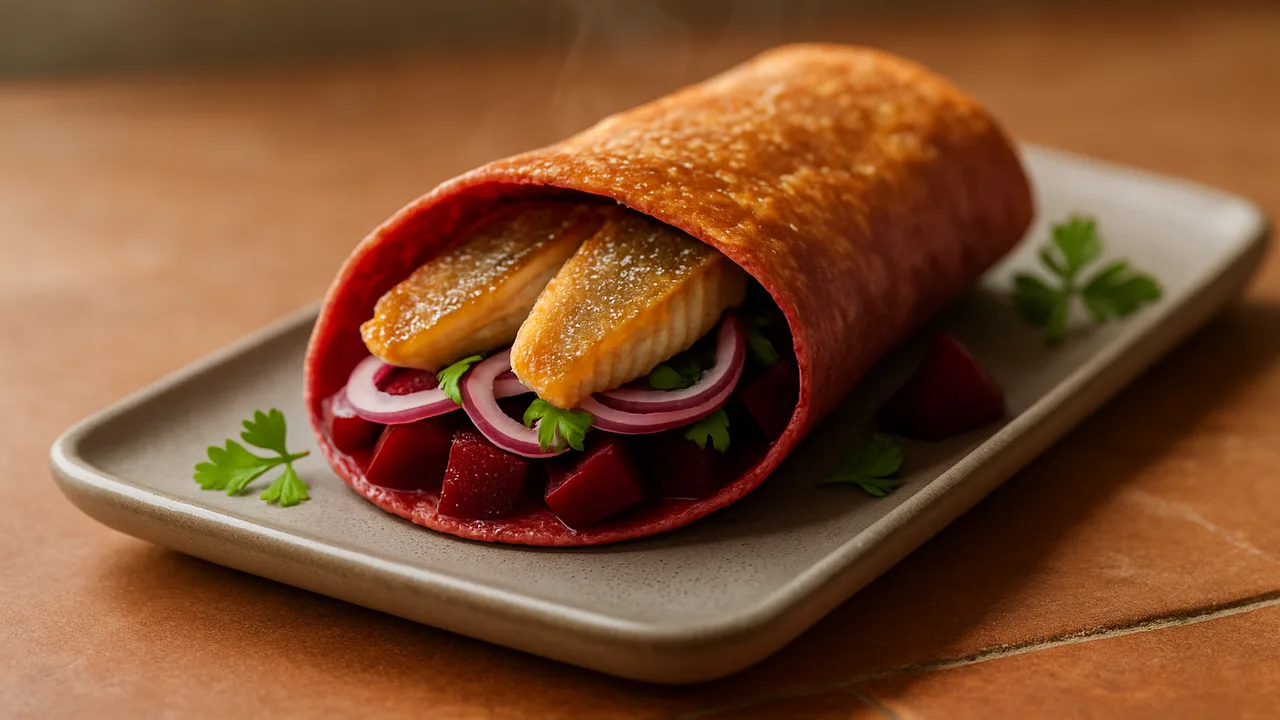 Forelle-Rote-Bete-Wrap aus dem Airfryer mit Forellenfilets und Rote Bete, auf Terracotta-Fliesen angerichtet.