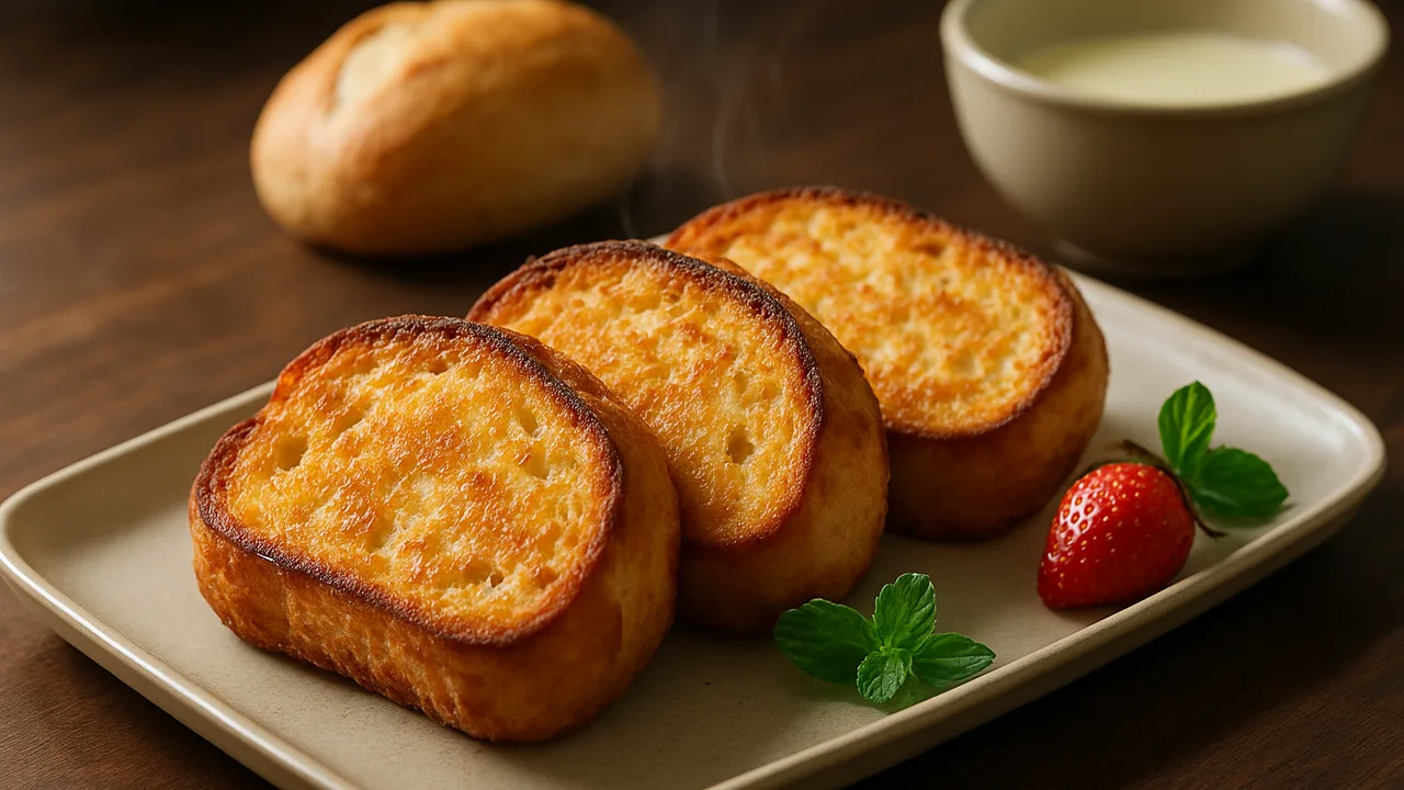 French Toast aus Brötchen vom Vortag aus dem Airfryer mit Brötchen vom Vortag und Eier, auf dunklem Walnussholz angerichtet.