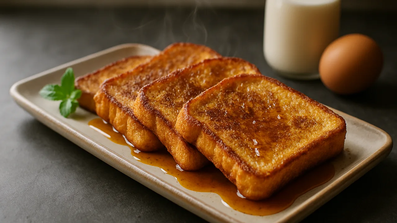 French Toast mit Zimt und Ahornsirup aus dem Airfryer mit Toastbrot und Ei, auf dunklem Schiefer angerichtet.