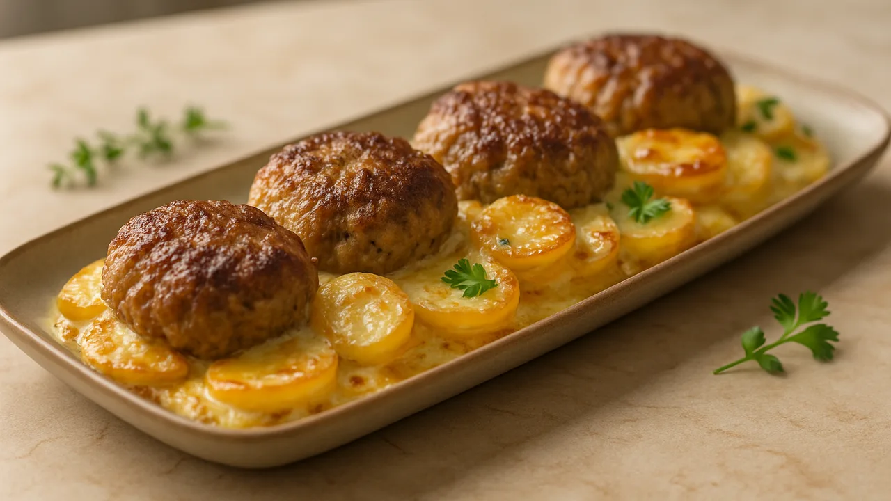 Frikadellen-Auflauf mit Kartoffeln und Sahne aus dem Airfryer mit gemischtes Hackfleisch und Kartoffeln, auf beigem Marmor …