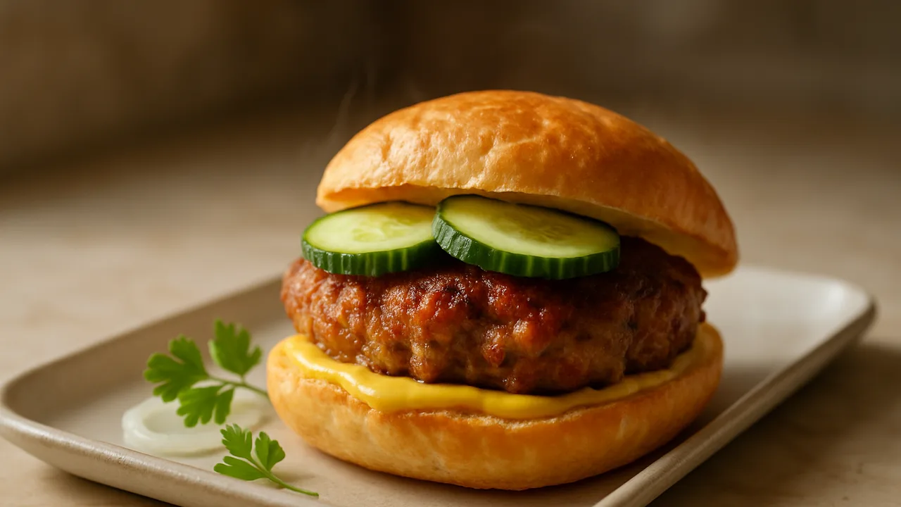 Frikadellen-Brötchen mit Senf und Gurke aus dem Airfryer mit Hackfleisch gemischt und Zwiebel, auf beigem Marmor angerichtet.
