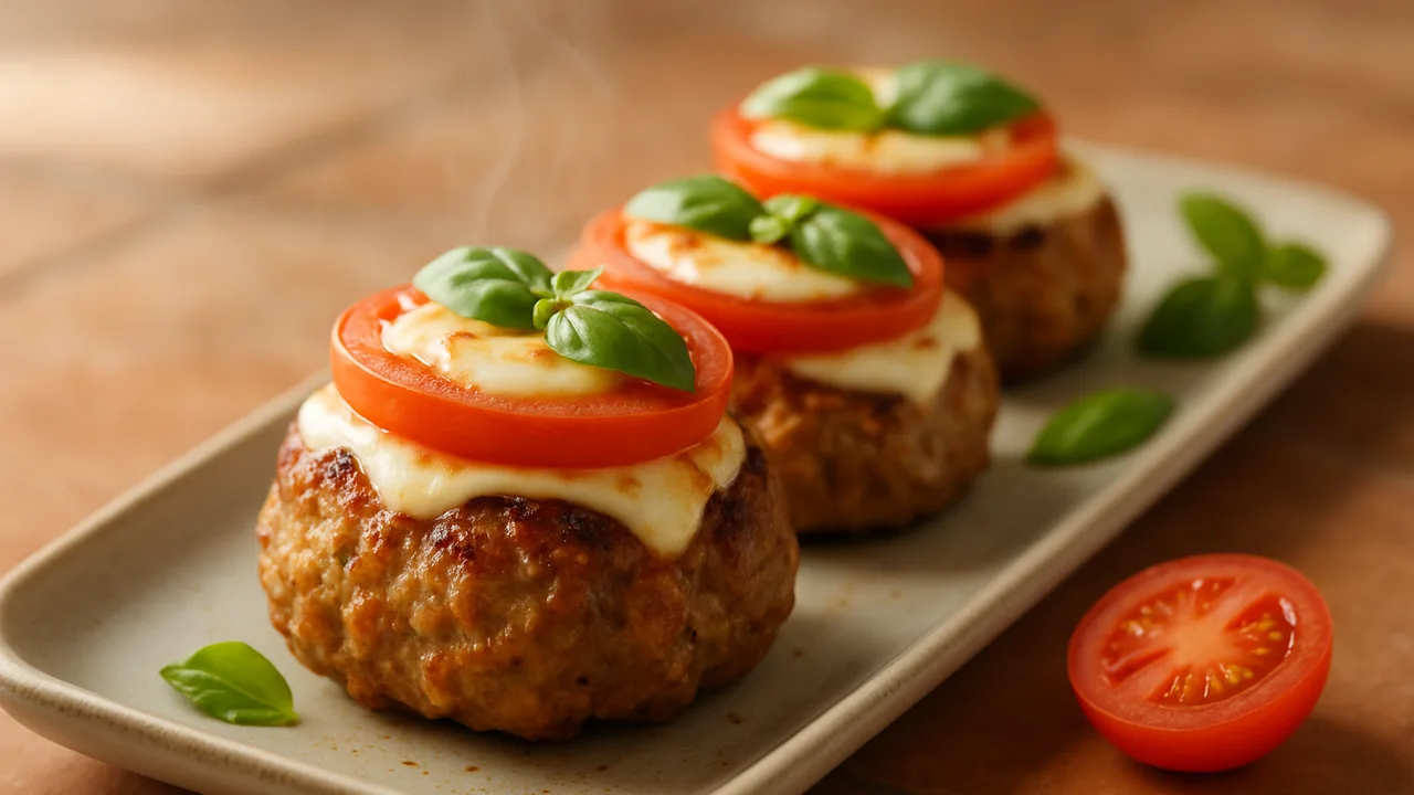 Frikadellen Caprese mit Tomate und Basilikum aus dem Airfryer mit Gemischtes Hackfleisch und Ei, auf Terracotta-Fliesen …