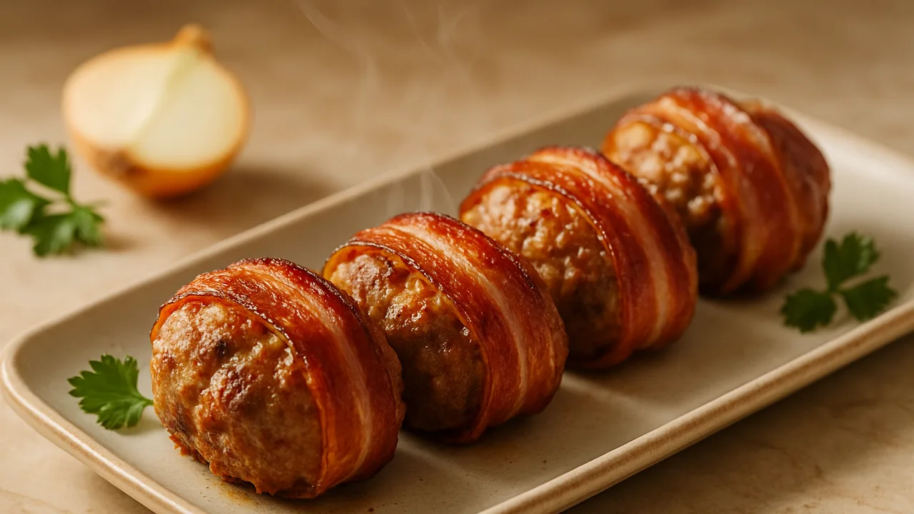 Frikadellen im Speckmantel aus dem Airfryer mit Gemischtes Hackfleisch und Speck in dünnen Scheiben, auf beigem Marmor …