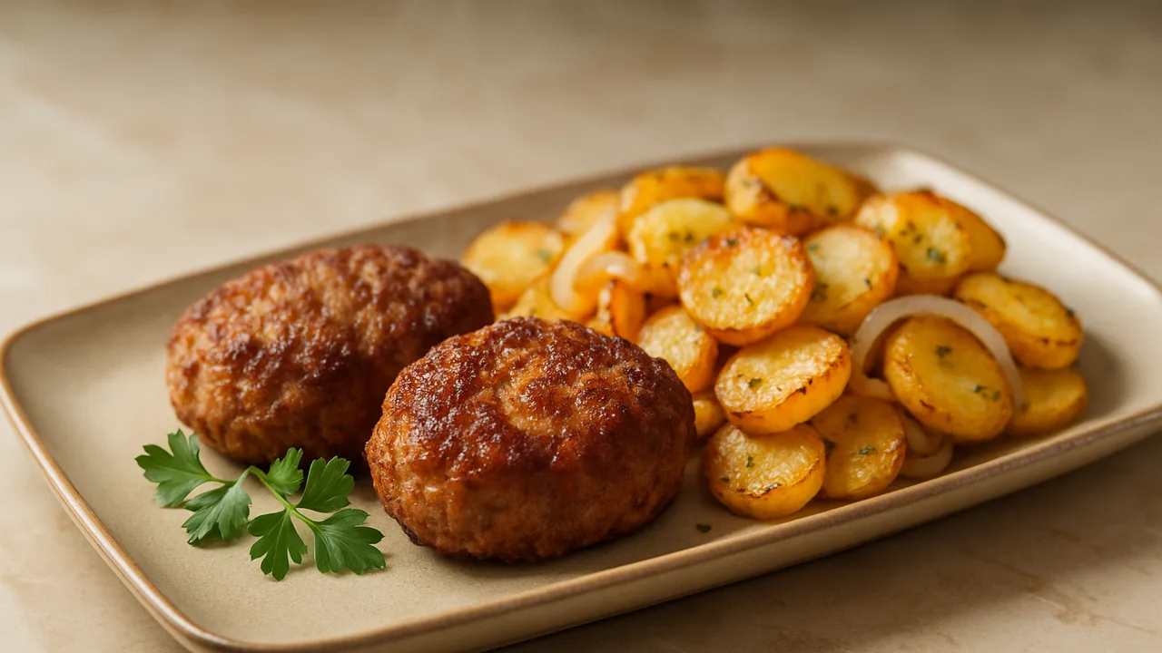 Frikadellen mit Bratkartoffeln aus einem Durchgang aus dem Airfryer mit Gemischtes Hackfleisch und Zwiebel, auf beigem …