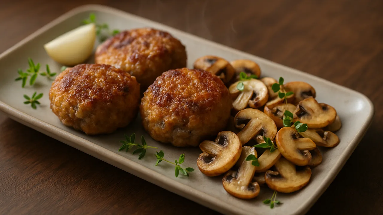 Frikadellen mit Champignons und Thymian aus dem Airfryer mit Hackfleisch gemischt und Champignons, auf dunklem Walnussholz …