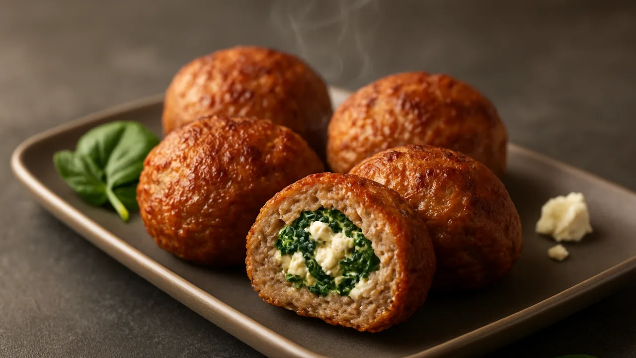 Frikadellen mit Feta und Spinat gefüllt aus dem Airfryer mit gemischtes Hackfleisch und Feta, auf dunklem Schiefer …